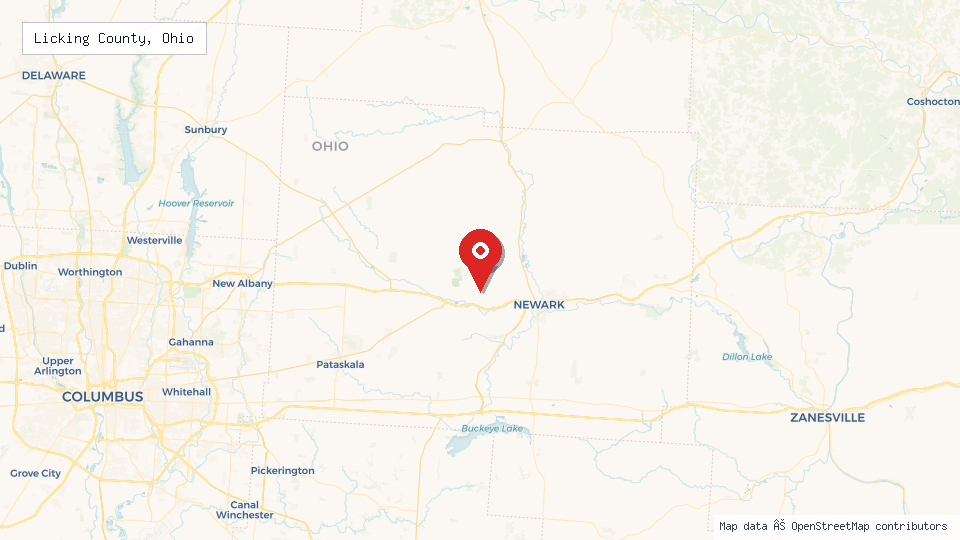 Street map of Licking County, Ohio with location pin
