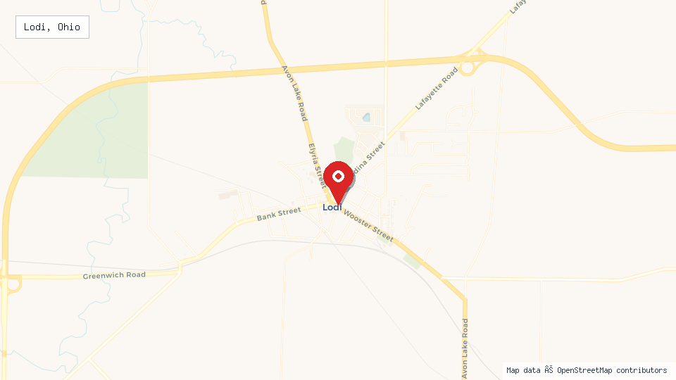 Street map of Lodi, Ohio with location pin