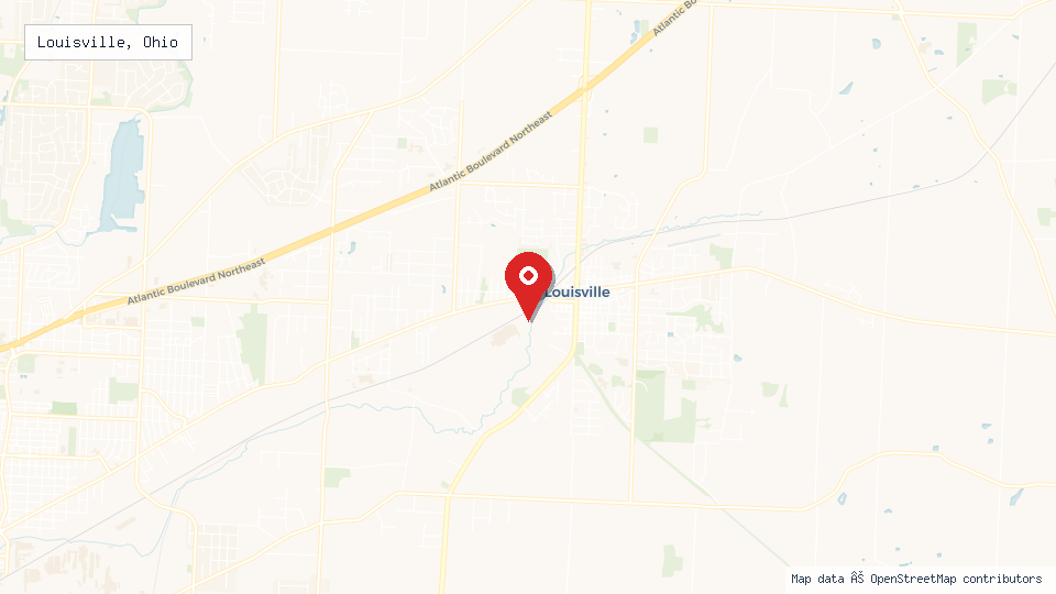 Street map of Louisville, Ohio with location pin