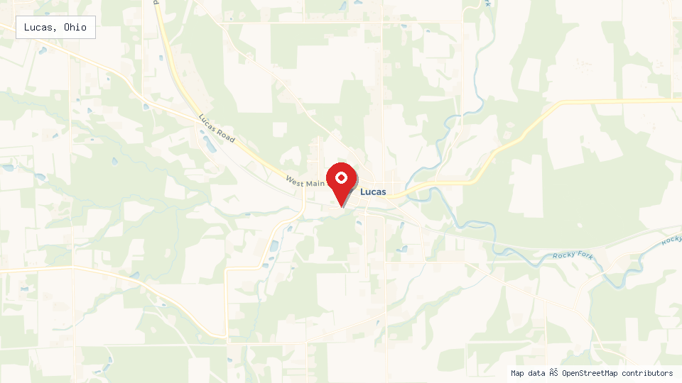 Street map of Lucas, Ohio with location pin