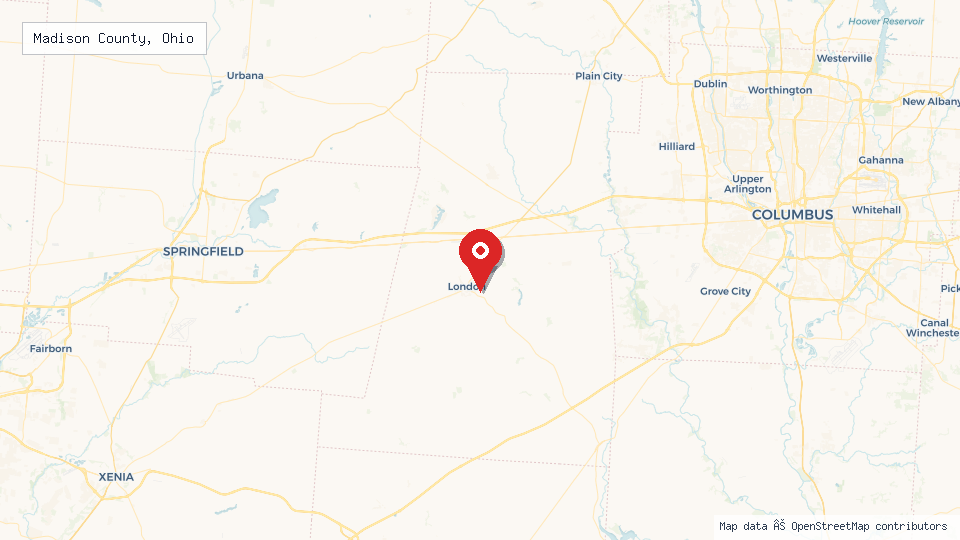 Street map of Madison County, Ohio with location pin