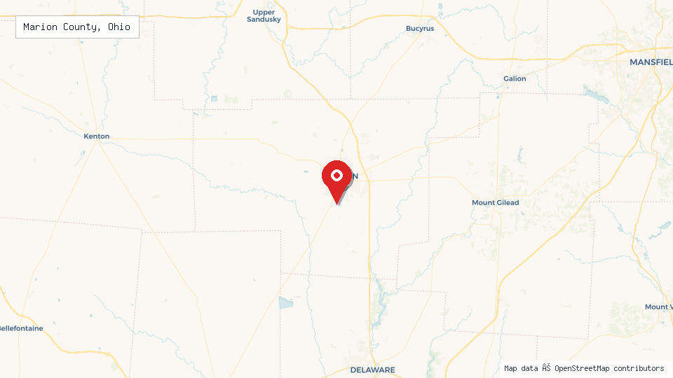 Street map of Marion County, Ohio with location pin