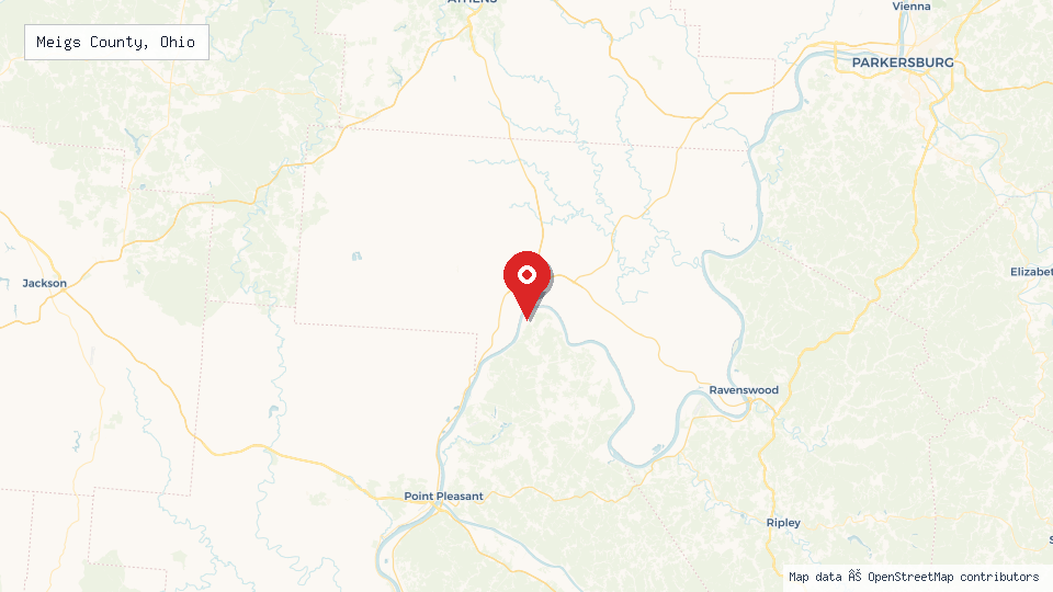 Street map of Meigs County, Ohio with location pin