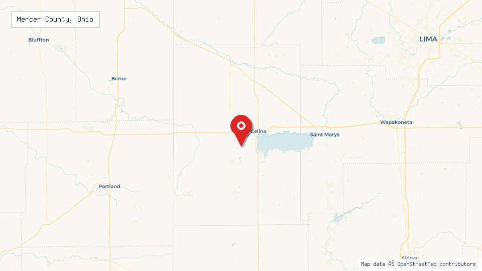 Street map of Mercer County, Ohio with location pin