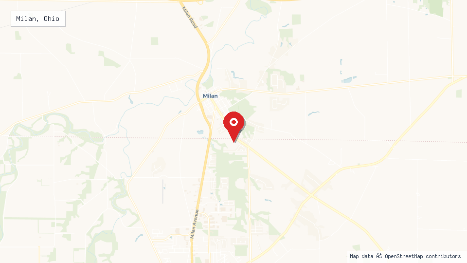 Street map of Milan, Ohio with location pin