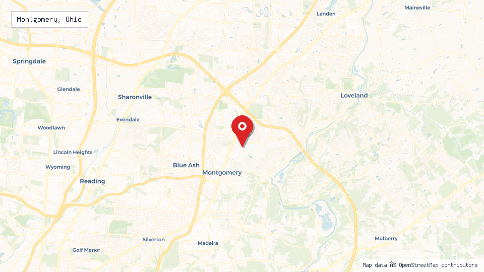 Street map of Montgomery, Ohio with location pin