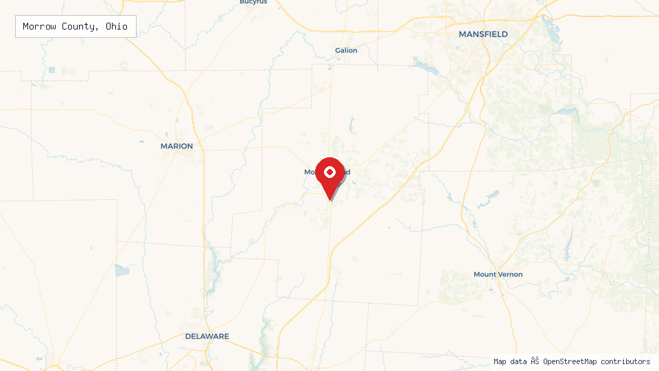 Street map of Morrow County, Ohio with location pin
