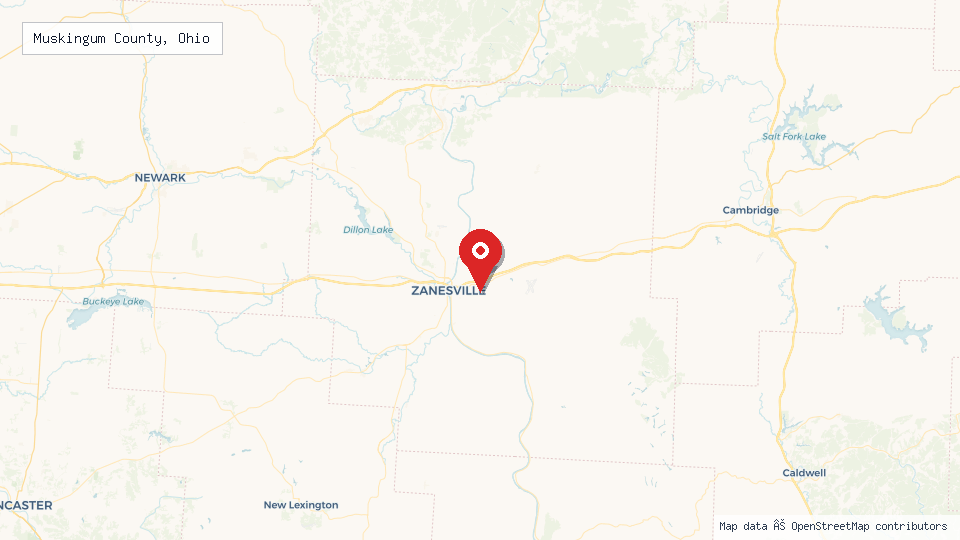 Street map of Muskingum County, Ohio with location pin