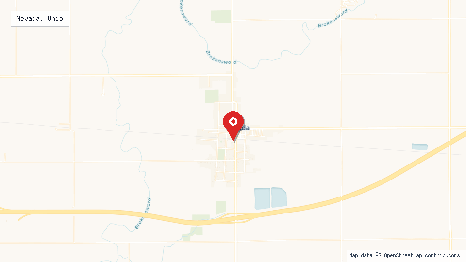 Street map of Nevada, Ohio with location pin