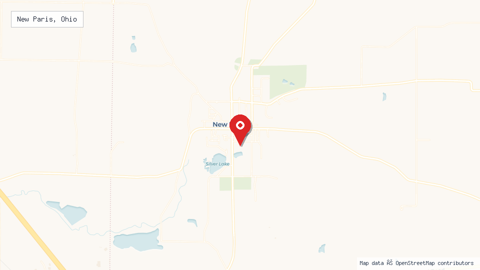 Street map of New Paris, Ohio with location pin