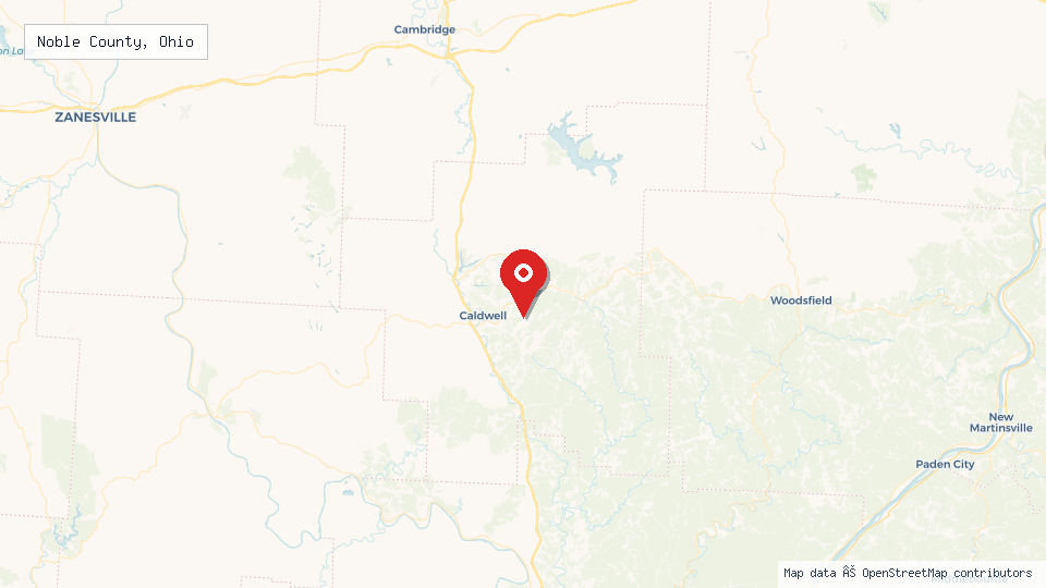 Street map of Noble County, Ohio with location pin