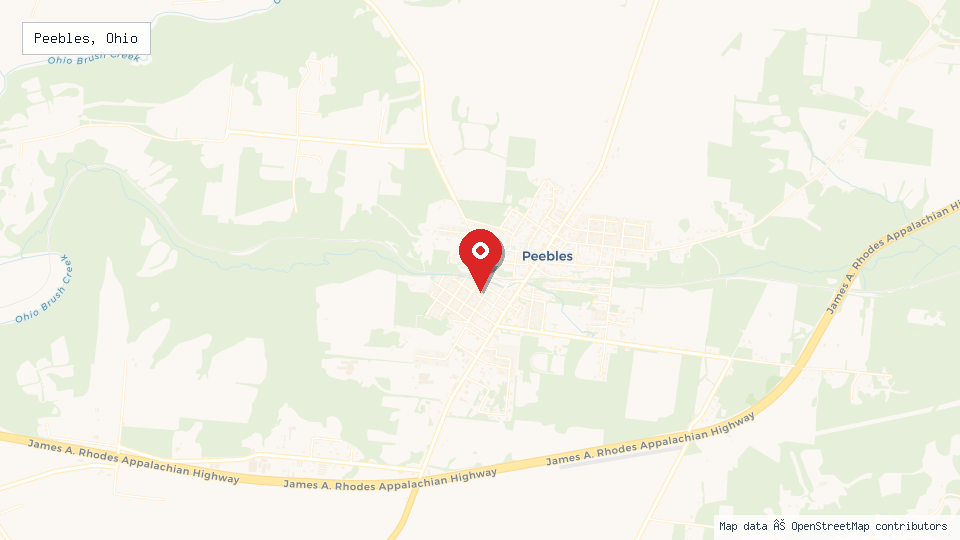 Street map of Peebles, Ohio with location pin