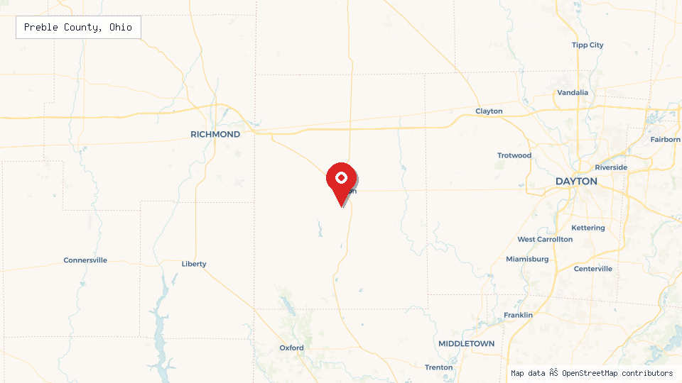 Street map of Preble County, Ohio with location pin