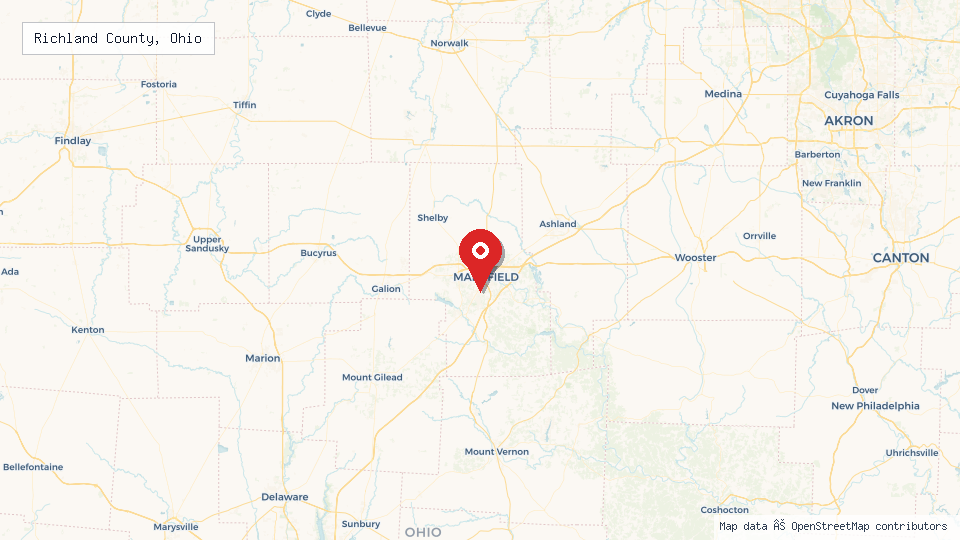 Street map of Richland County, Ohio with location pin