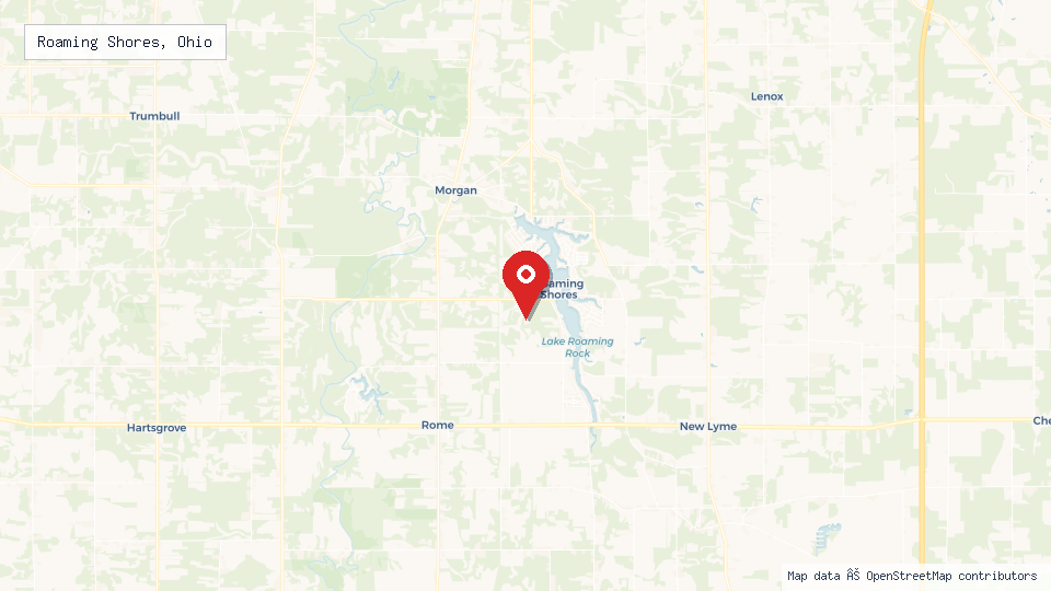 Street map of Roaming Shores, Ohio with location pin