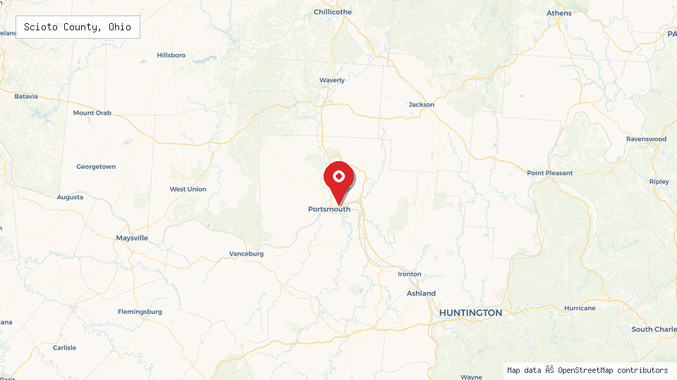 Street map of Scioto County, Ohio with location pin