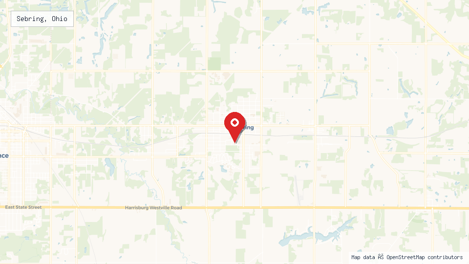 Street map of Sebring, Ohio with location pin