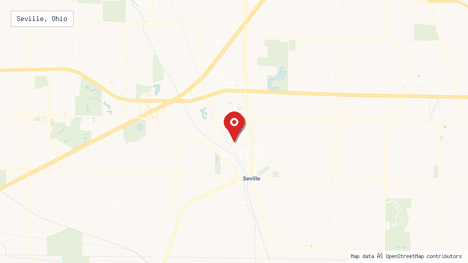 Street map of Seville, Ohio with location pin