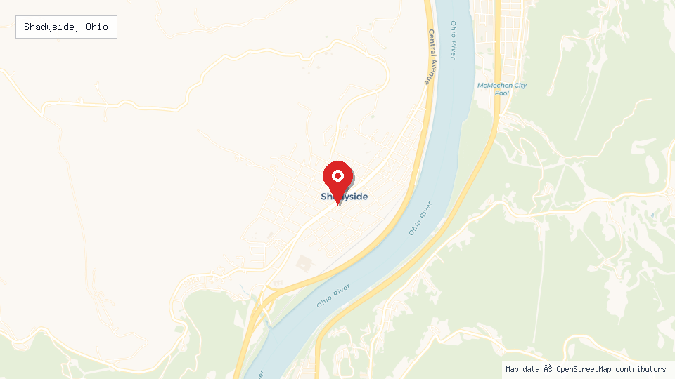 Street map of Shadyside, Ohio with location pin