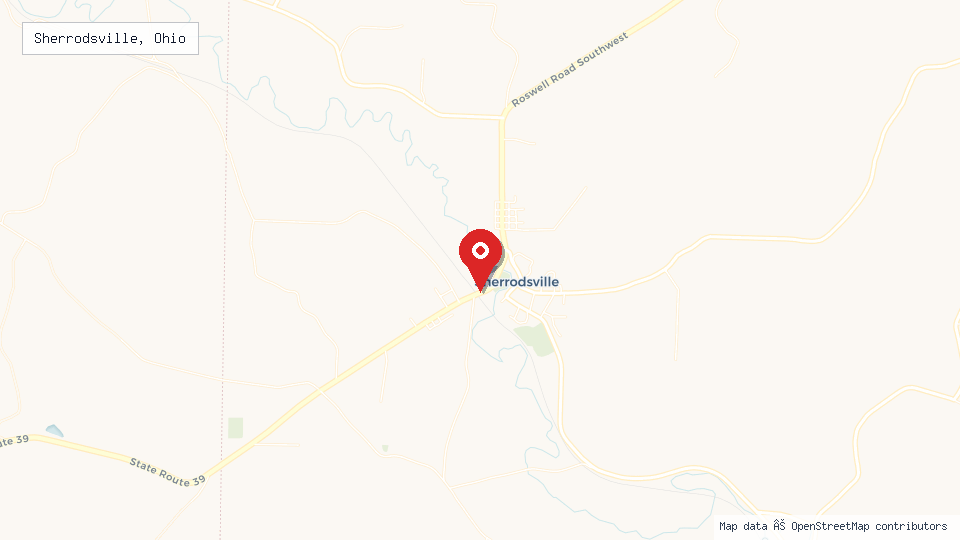 Street map of Sherrodsville, Ohio with location pin