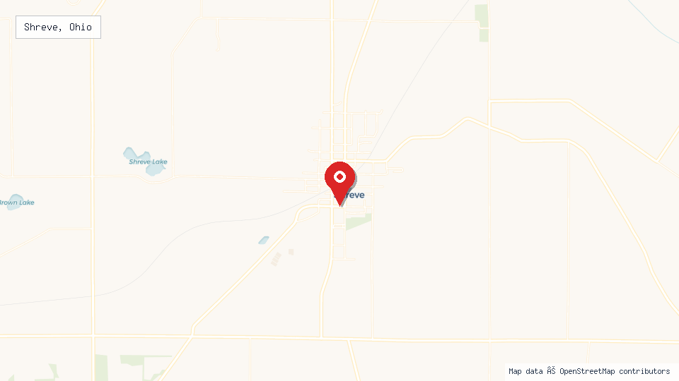 Street map of Shreve, Ohio with location pin