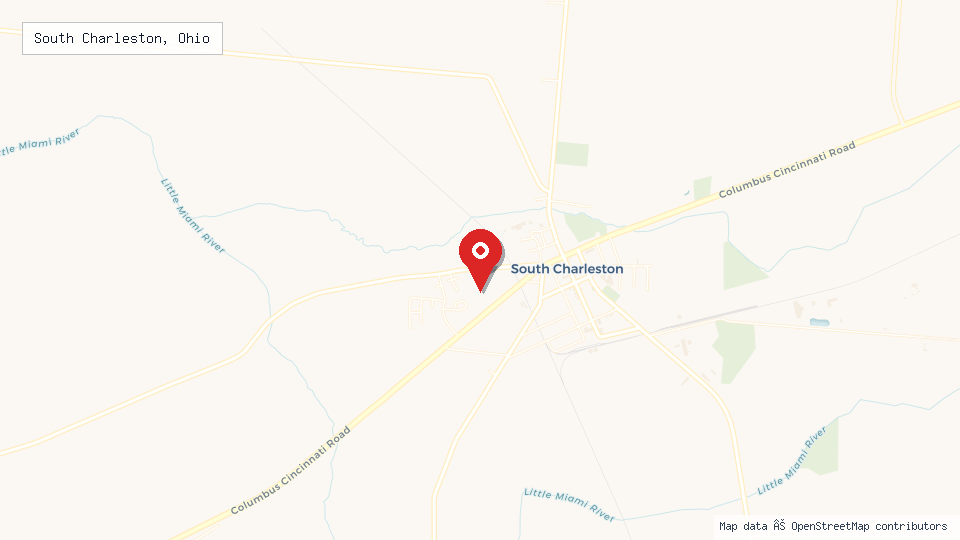 Street map of South Charleston, Ohio with location pin