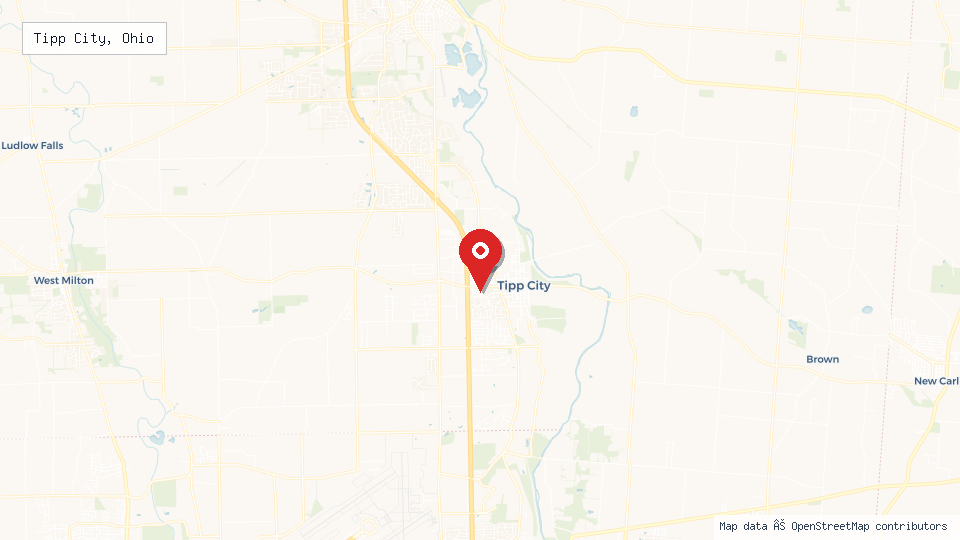 Street map of Tipp City, Ohio with location pin