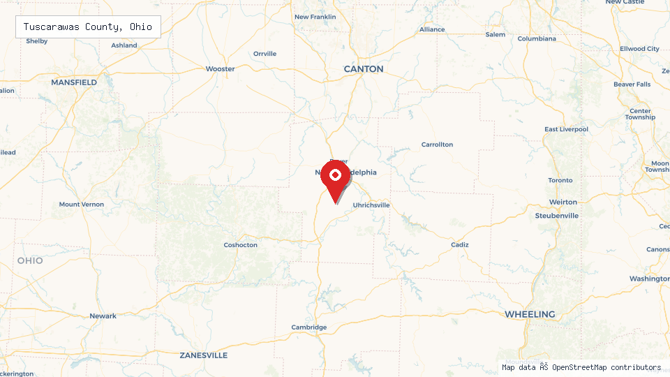 Street map of Tuscarawas County, Ohio with location pin