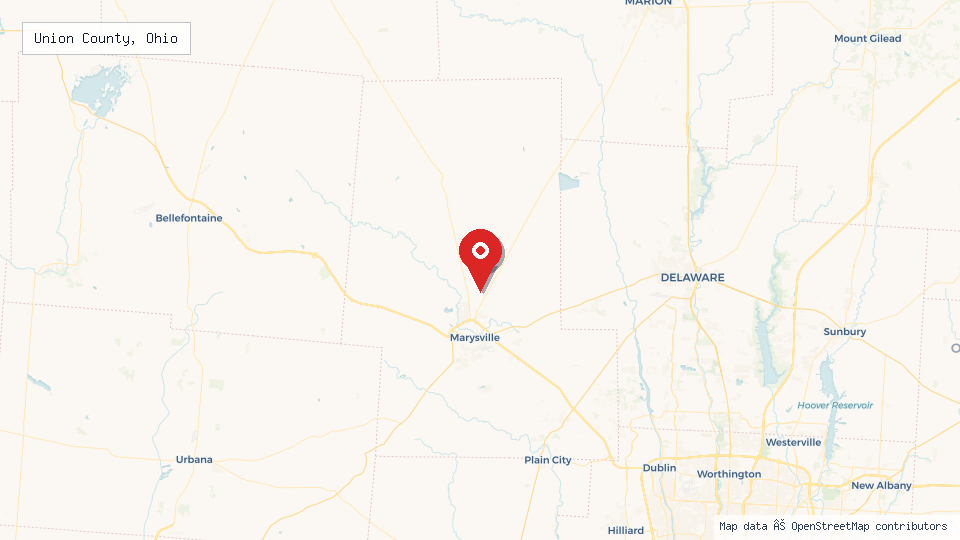 Street map of Union County, Ohio with location pin