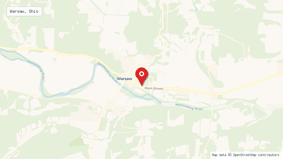Street map of Warsaw, Ohio with location pin