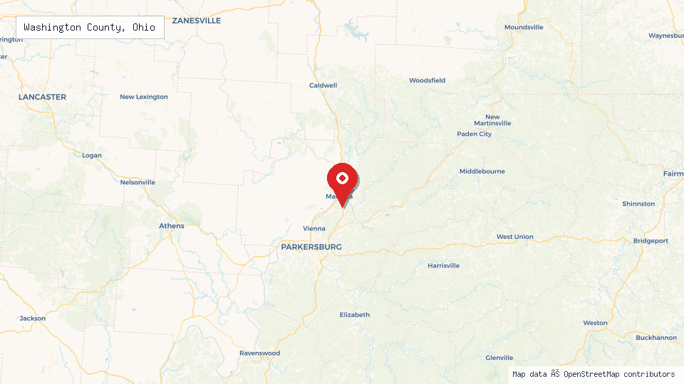 Street map of Washington County, Ohio with location pin