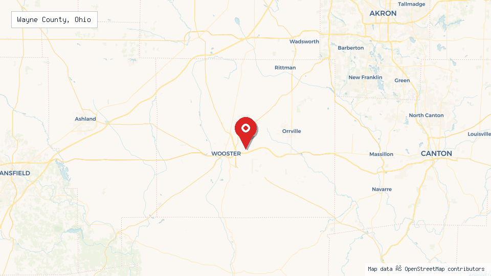 Street map of Wayne County, Ohio with location pin