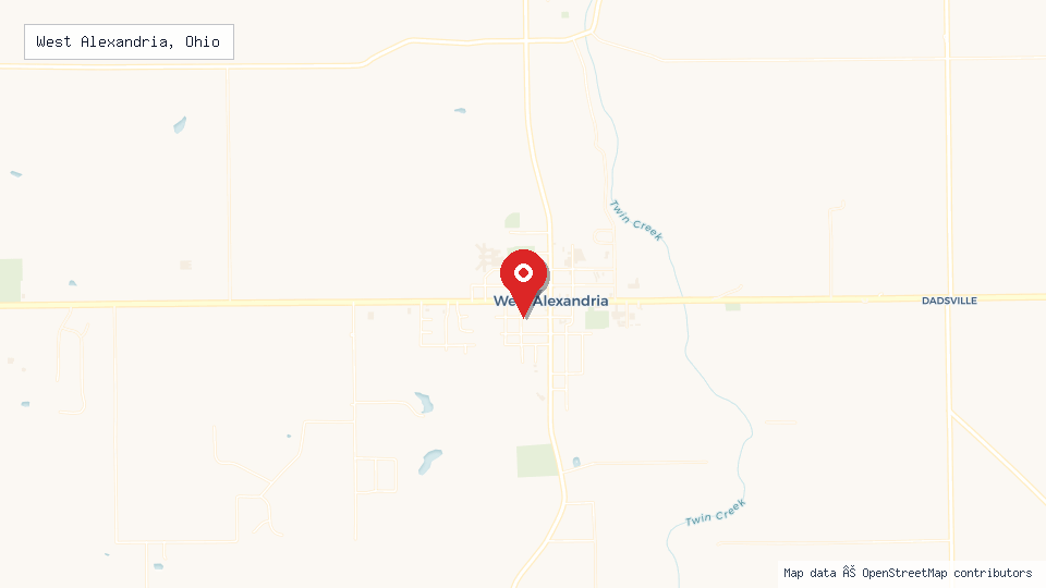 Street map of West Alexandria, Ohio with location pin