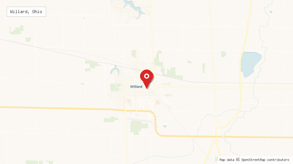 Street map of Willard, Ohio with location pin
