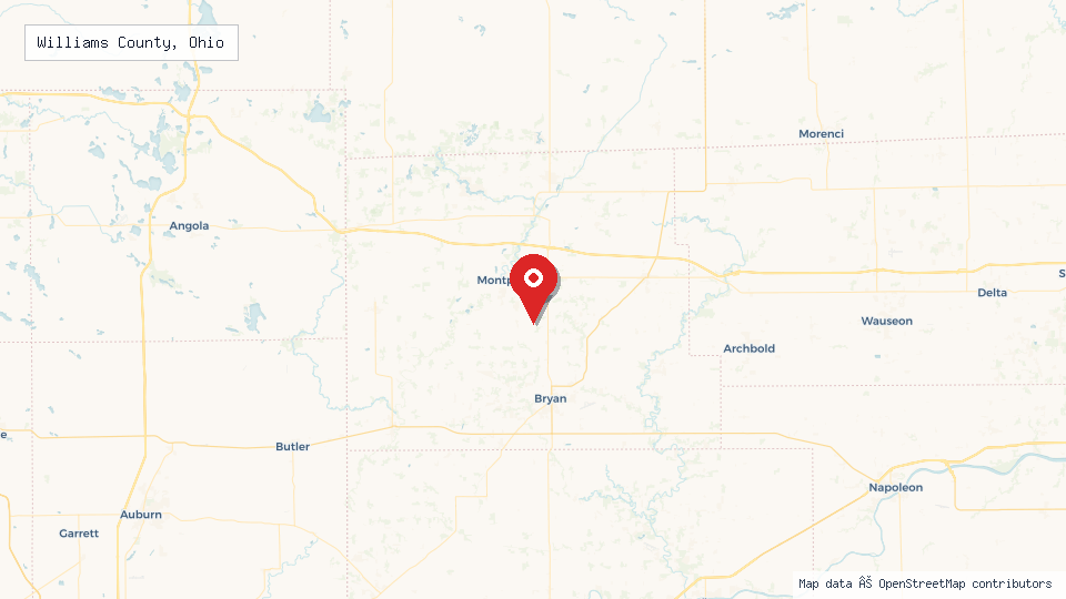 Street map of Williams County, Ohio with location pin