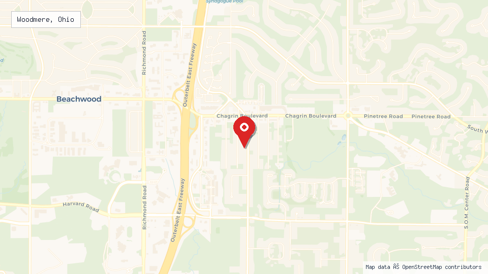 Street map of Woodmere, Ohio with location pin