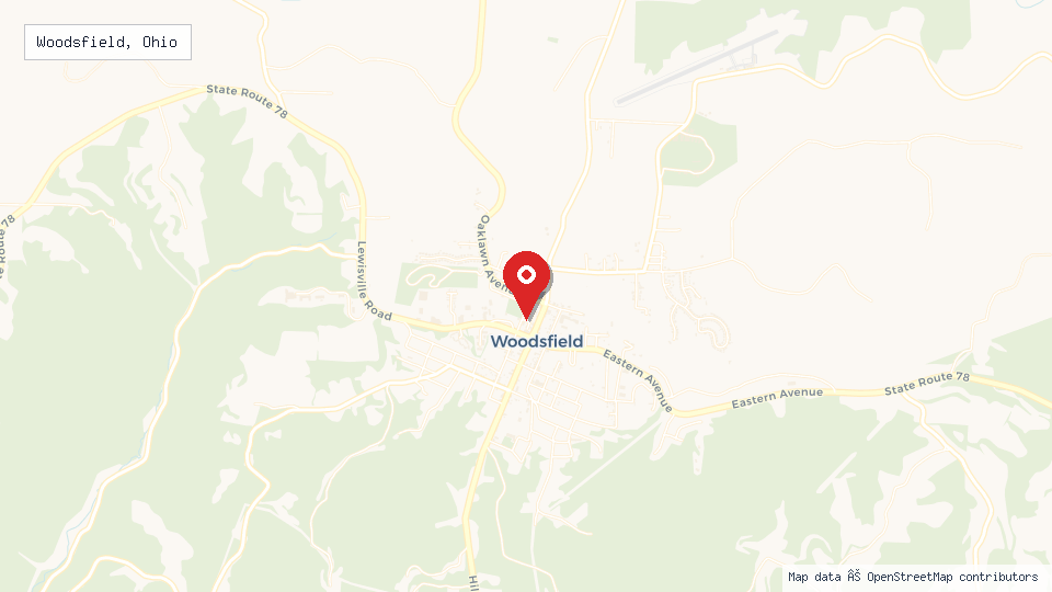 Street map of Woodsfield, Ohio with location pin