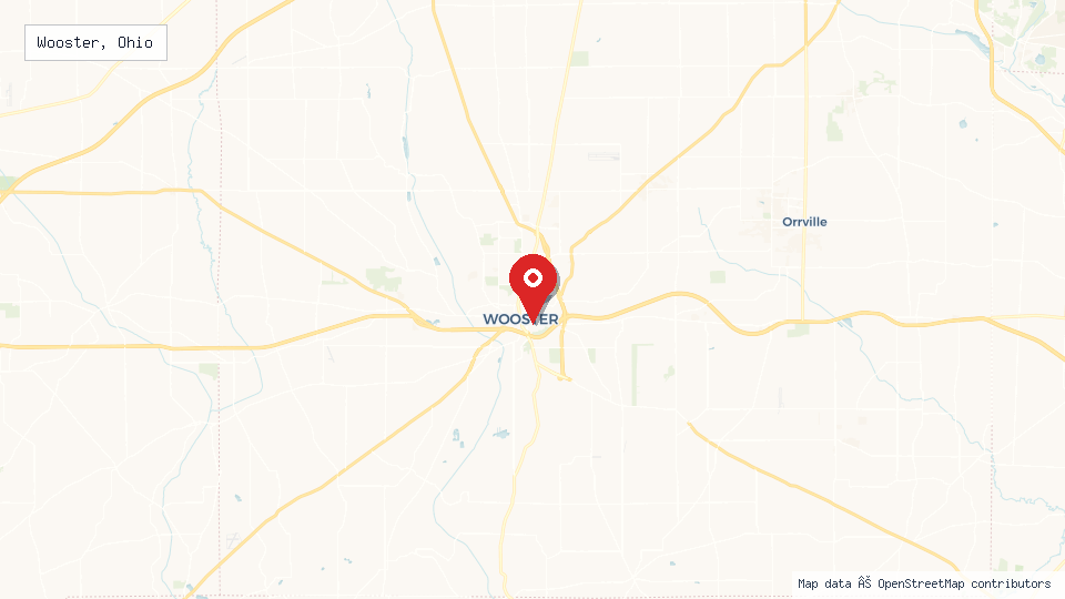 Street map of Wooster, Ohio with location pin
