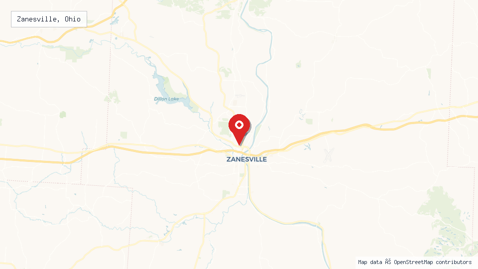 Street map of Zanesville, Ohio with location pin