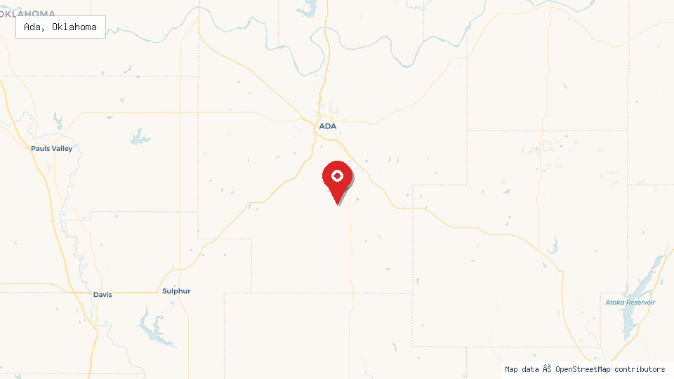 Street map of Ada, Oklahoma with location pin