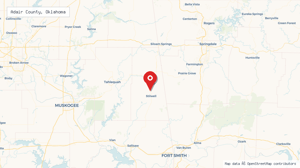 Street map of Adair County, Oklahoma with location pin