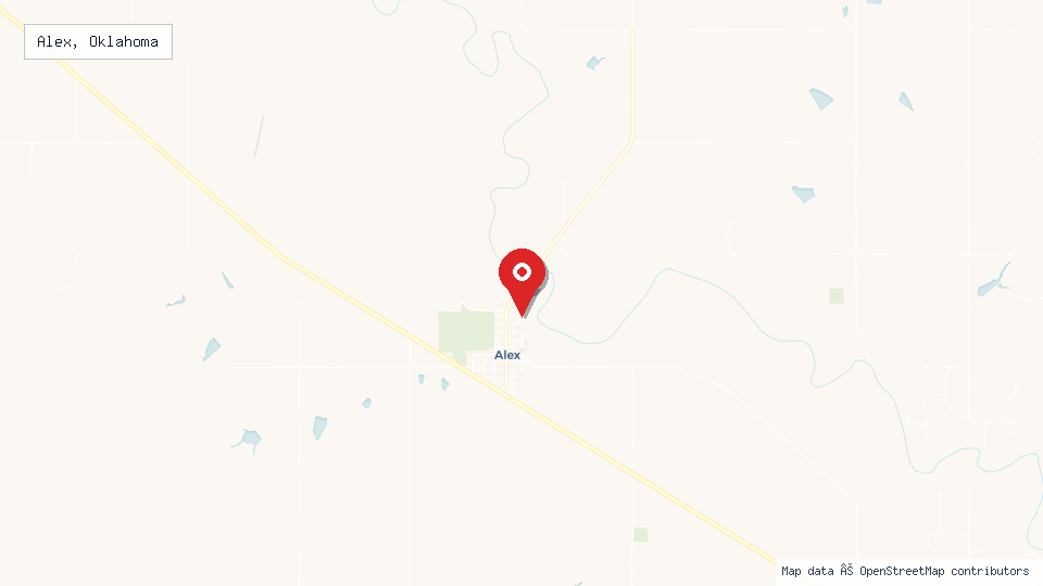 Street map of Alex, Oklahoma with location pin