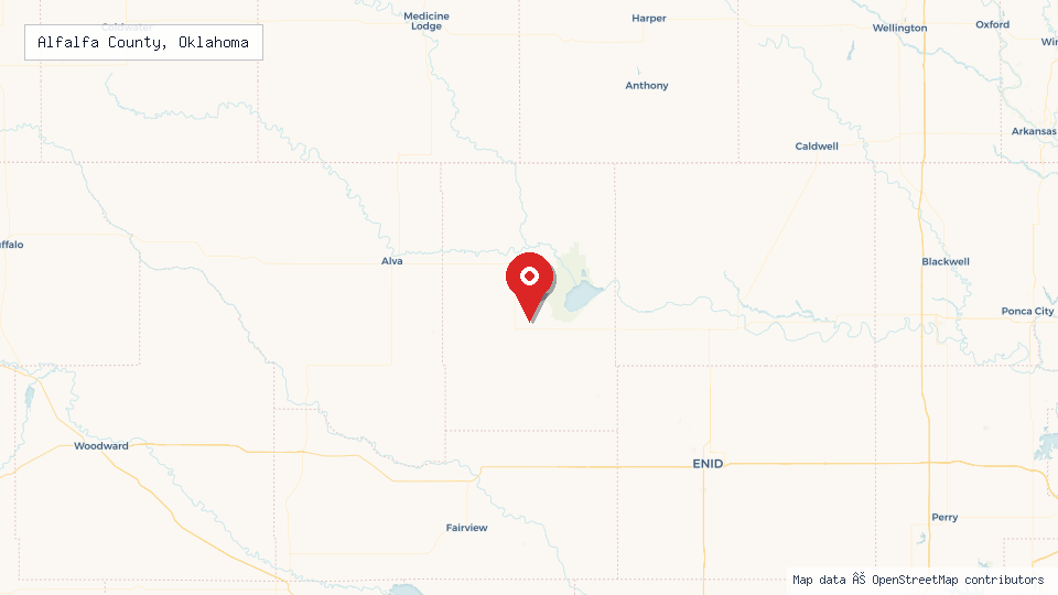 Street map of Alfalfa County, Oklahoma with location pin