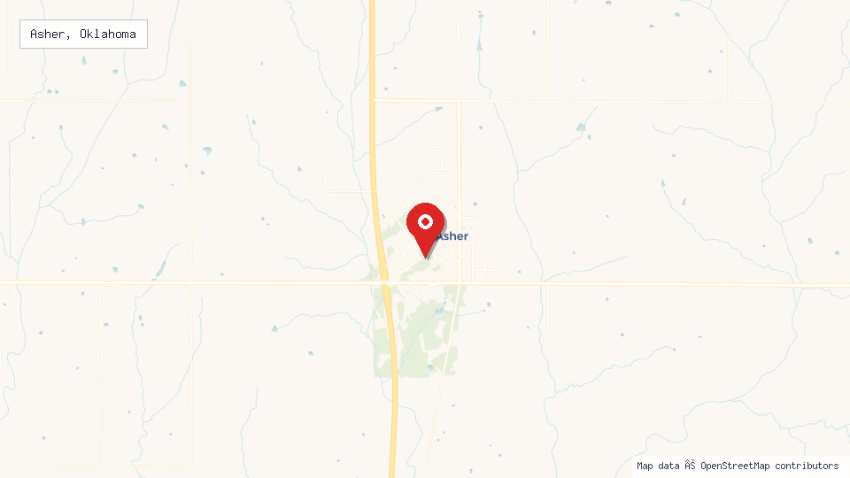 Street map of Asher, Oklahoma with location pin