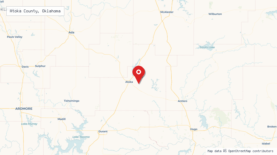 Street map of Atoka County, Oklahoma with location pin