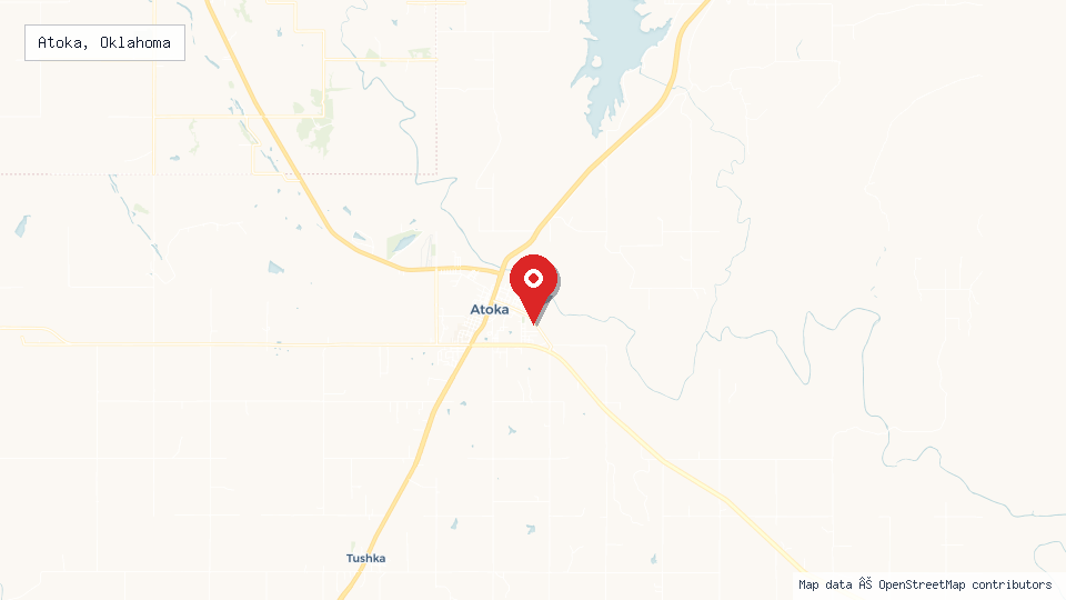 Street map of Atoka, Oklahoma with location pin