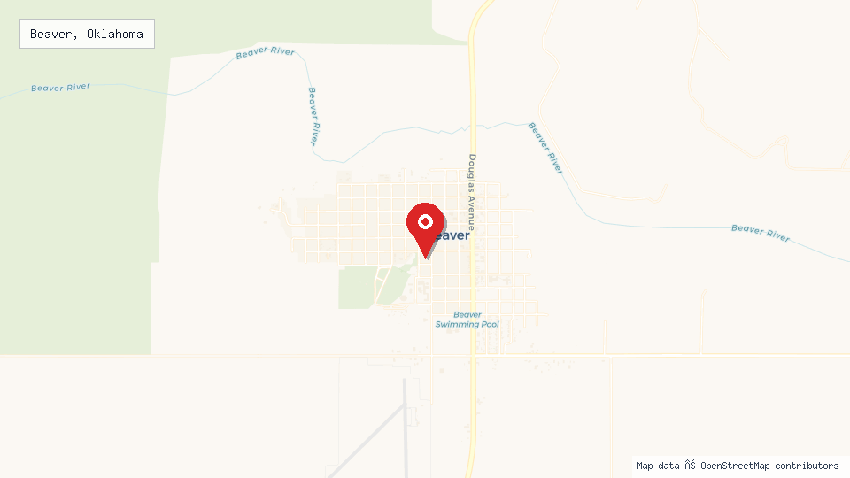 Street map of Beaver, Oklahoma with location pin