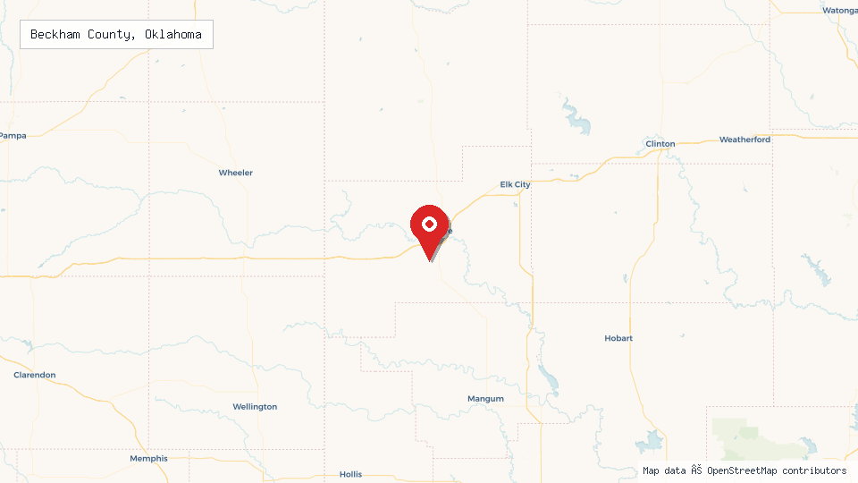 Street map of Beckham County, Oklahoma with location pin