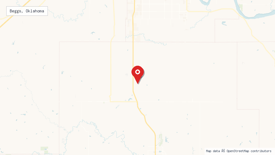 Street map of Beggs, Oklahoma with location pin