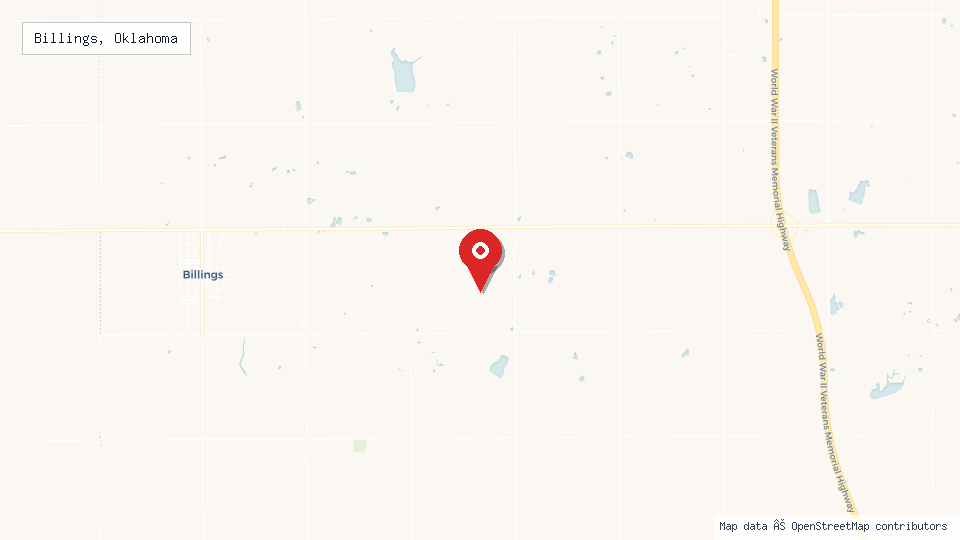 Street map of Billings, Oklahoma with location pin
